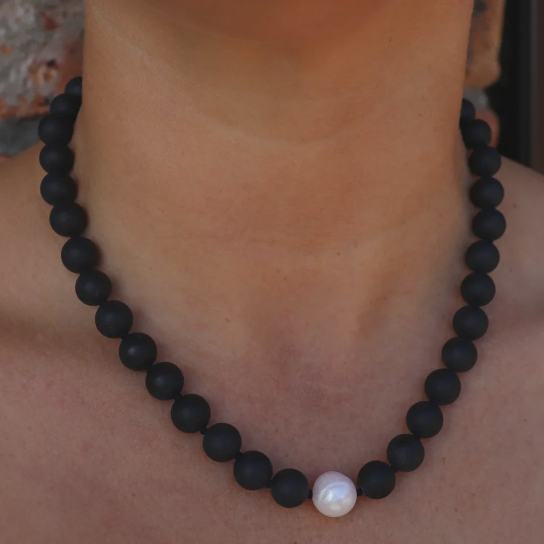 Black Onyx - Fresh Water Pearl & Silver Necklace