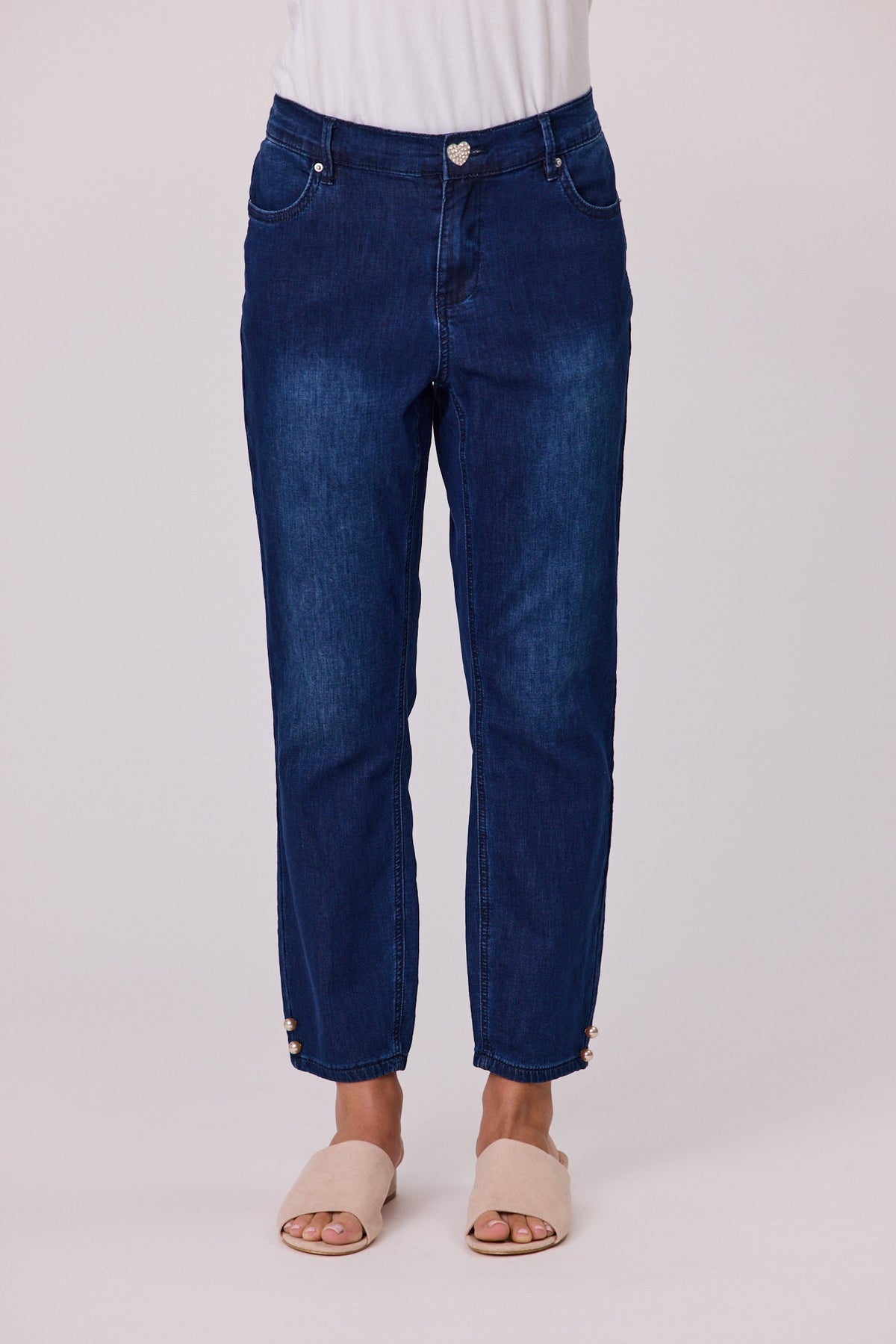 Knit Denim Jean - 7/8 Heart Button w Pearl Trim