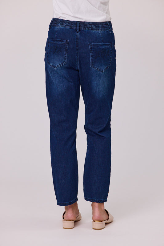 Knit Denim Jean - 7/8 Heart Button w Pearl Trim