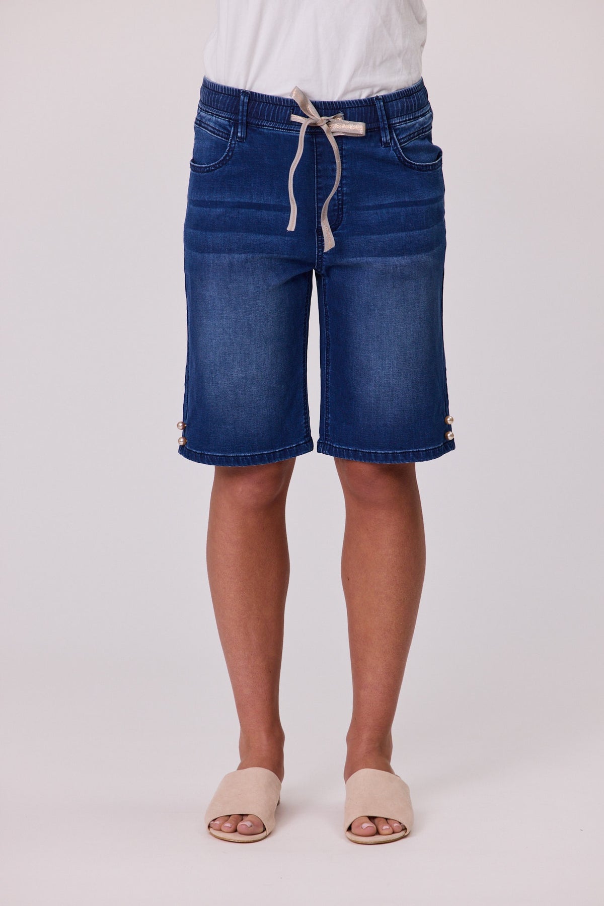 Knit Denim Short - Pearl Trim/Dark Indigo