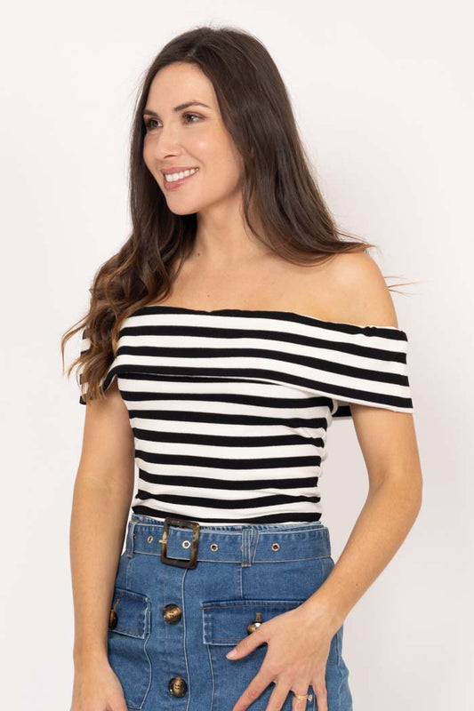 Rosie Stripe -Off The Shoulder Top - Black