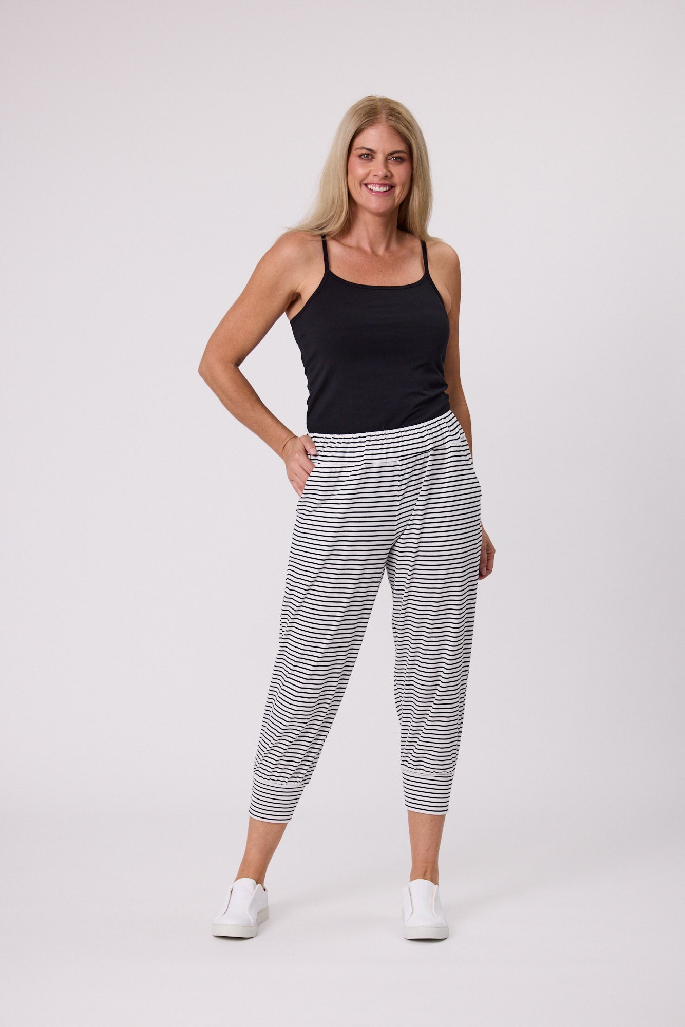 Kylie Side Pocket Stripe Harem Pant - White/Black