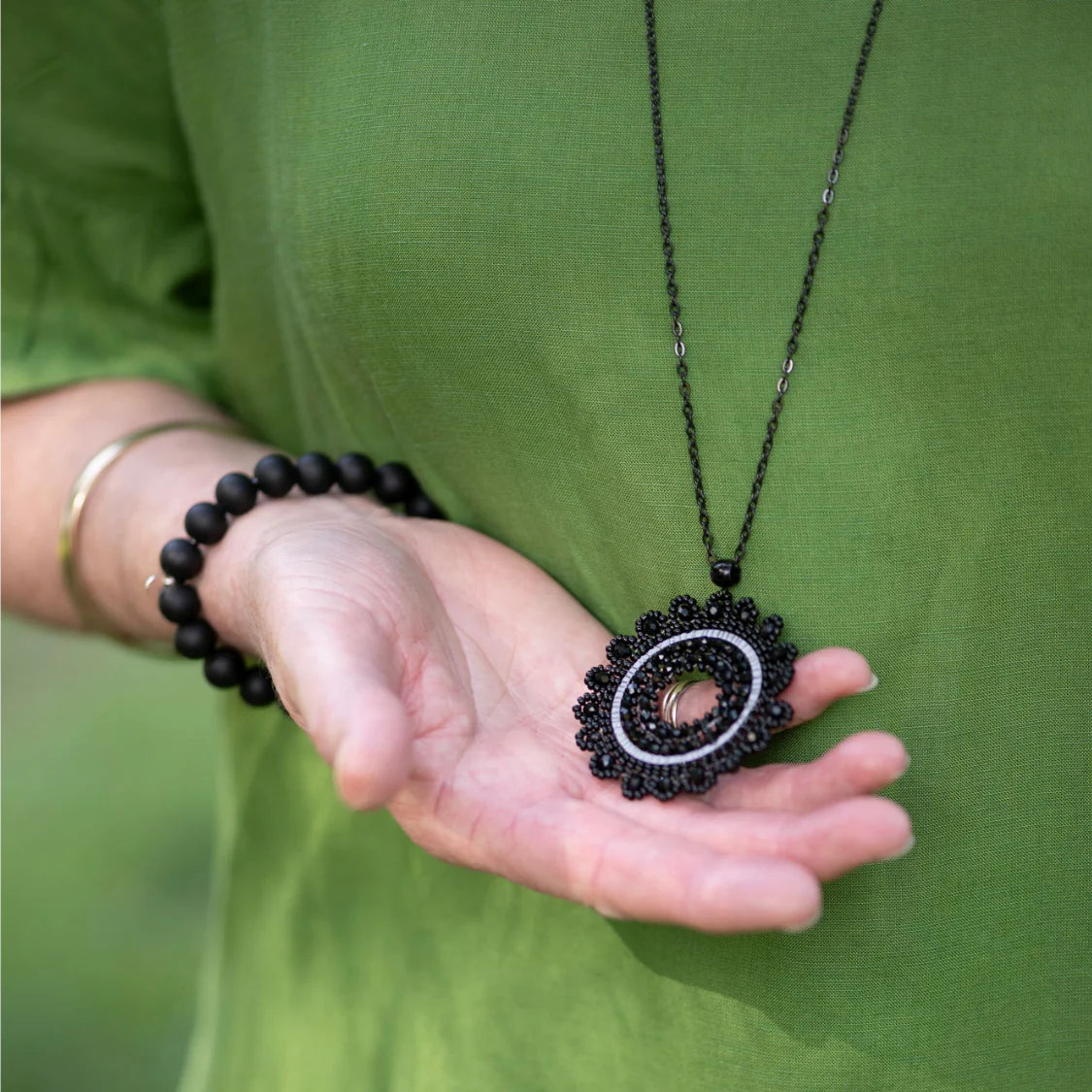 Steel Me Black Beaded Silver Necklace