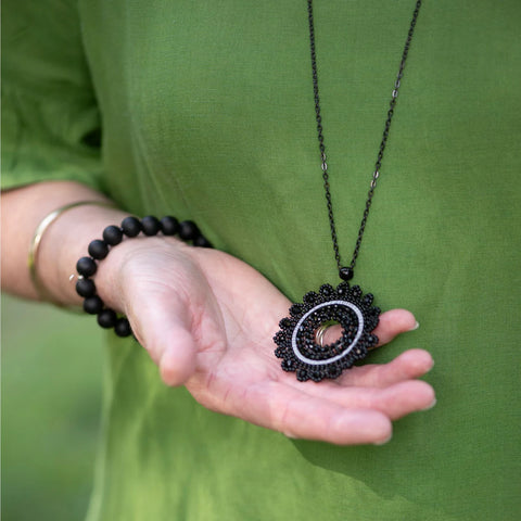 Steel Me Black Beaded Silver Necklace
