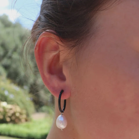 Black  Hoop & Fresh Water Pearl Earrings