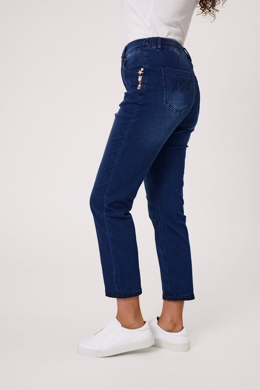 Knit Denim 7/8 Jean with Brooch Detail  - Dk Indigo