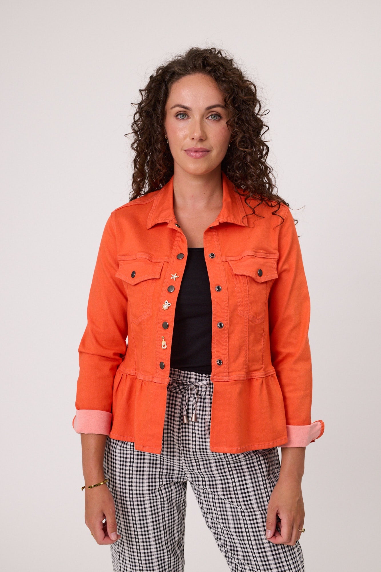 Stretch Drill Jacket With Brooch Detail - Orange