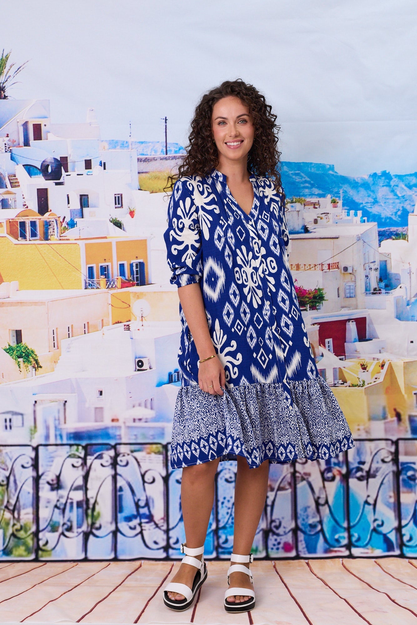 Madrid Pleat Front Tiered Dress- Cobalt/White