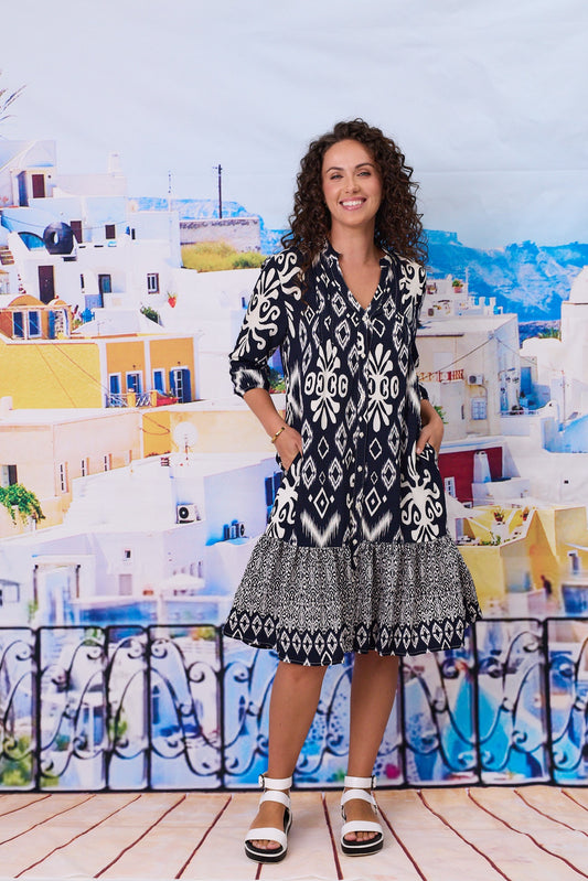 Madrid Pleat Front - Tiered Dress - Navy/White