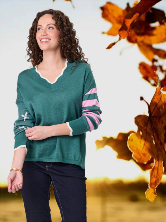 Merino Blend Signature Jumper -Green/Light Pink