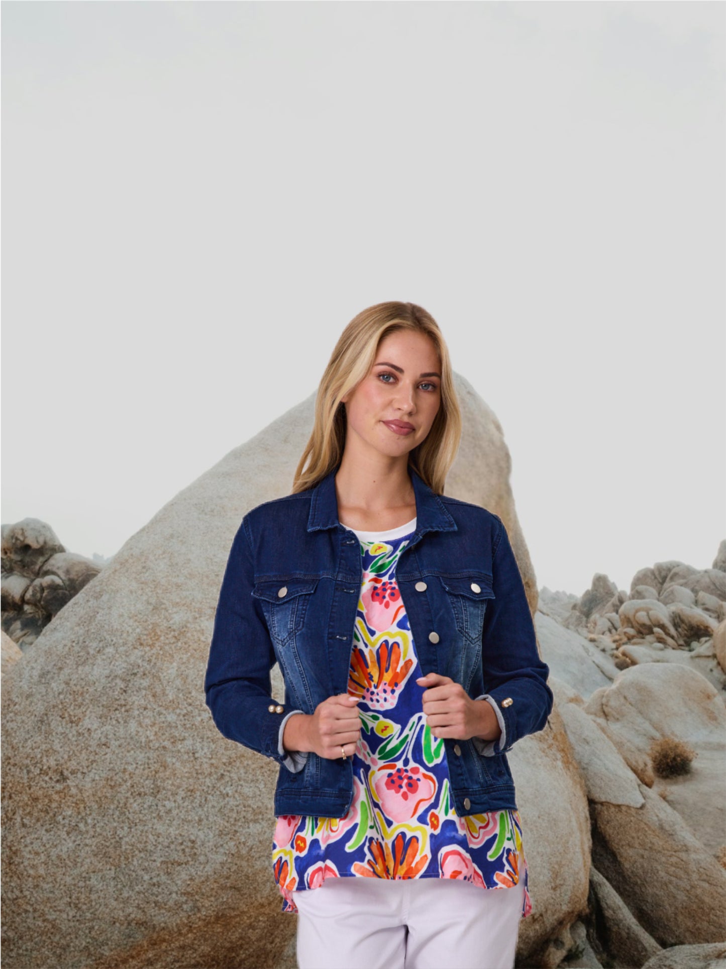 Stretch Denim Jacket-Pearl Trim - Dark Indigo