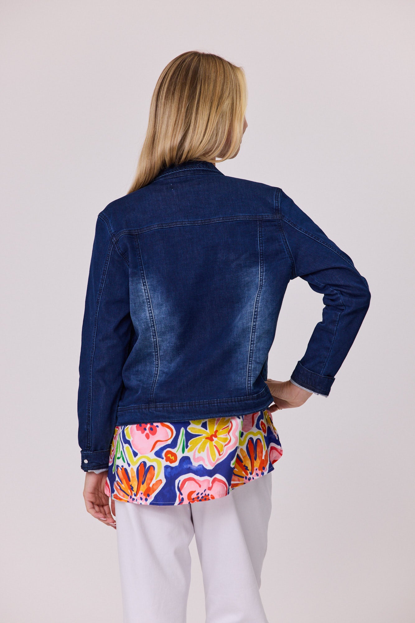 Stretch Denim Jacket-Pearl Trim - Dark Indigo