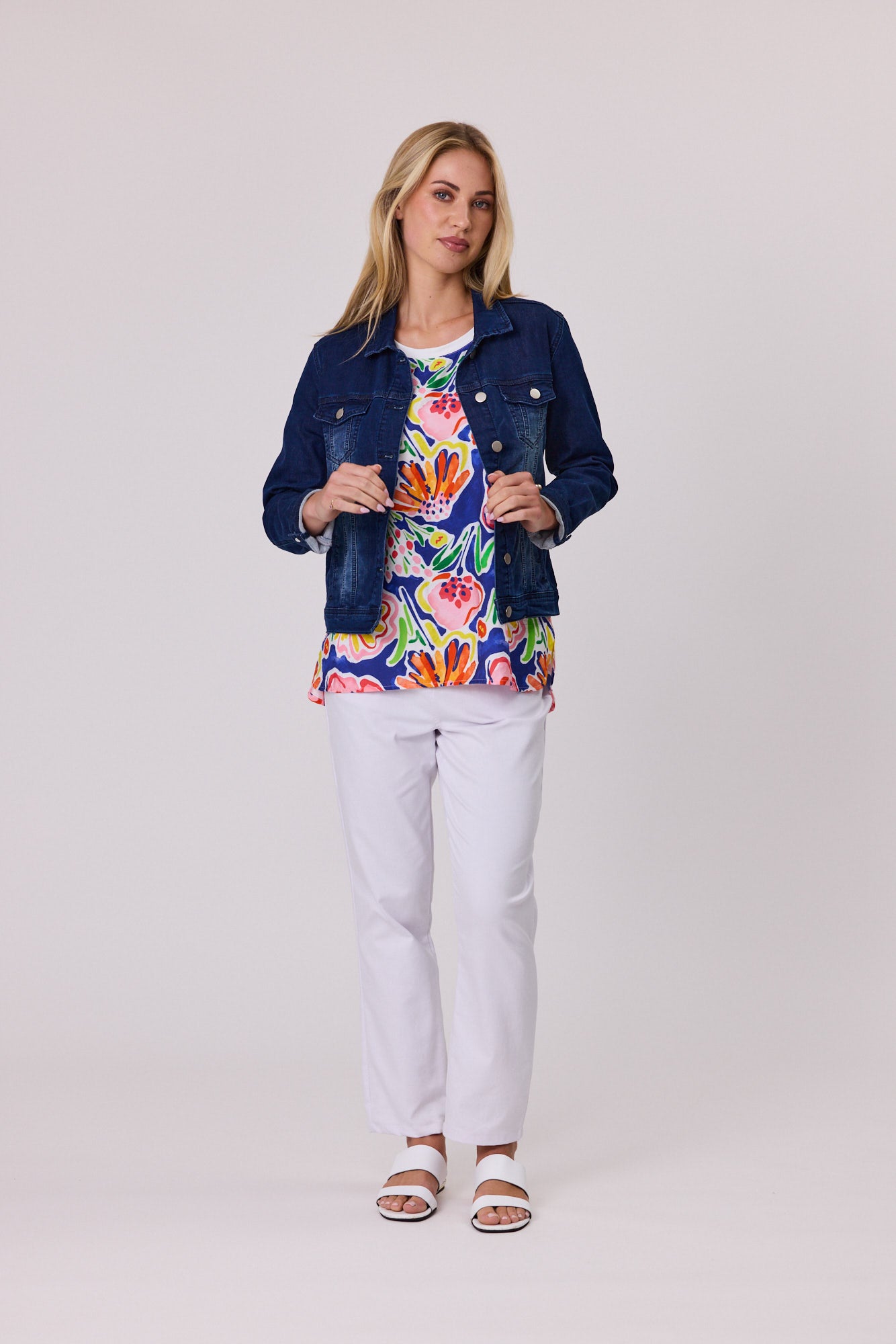 Stretch Denim Jacket-Pearl Trim - Dark Indigo