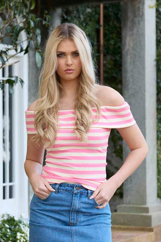 Rosie Stripe - Off the Shoulder Top - Pink