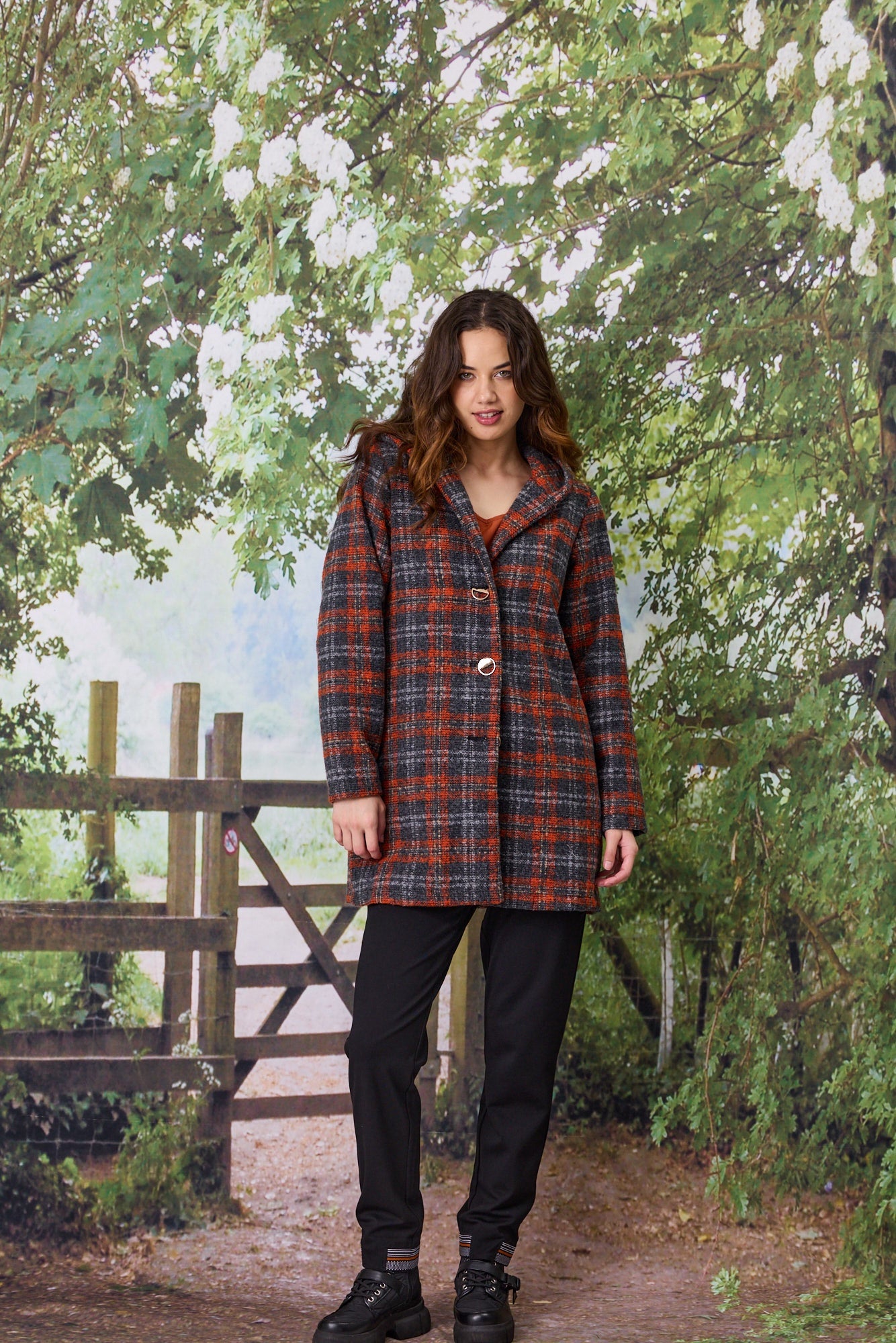 Hooded Coat - Charcoal/Rust