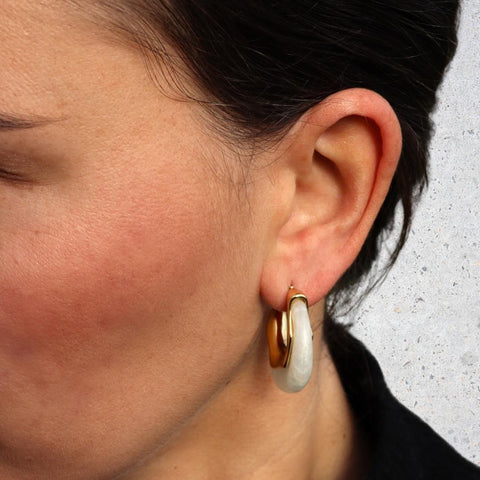 Steel Me - White Resin - Yellow Gold Earrings