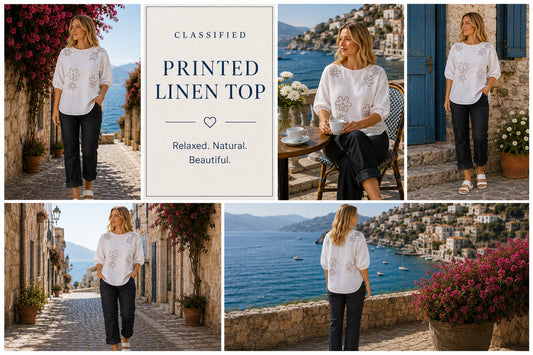 Printed Linen Top - White