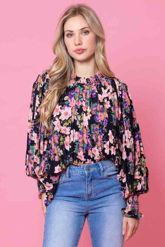 Laura Pleated Top - Fluro Floral Black