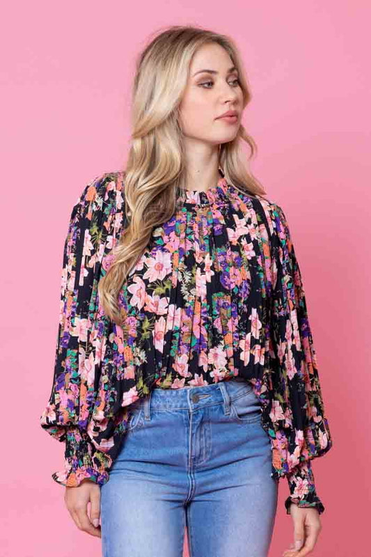 Laura Pleated Top - Fluro Floral Black