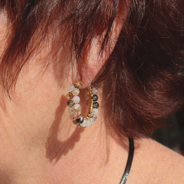 Steel Me Salt & Pepper Stone YG Hoop Earrings