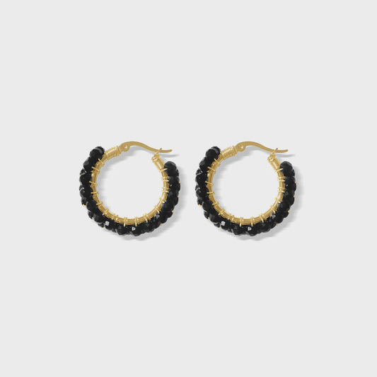 Steel Me Black Stone YG Hoop Earrings -25mm