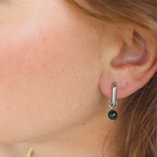 Steel Me - Silver & Green Tiger's Eye Square Hoop Earrings