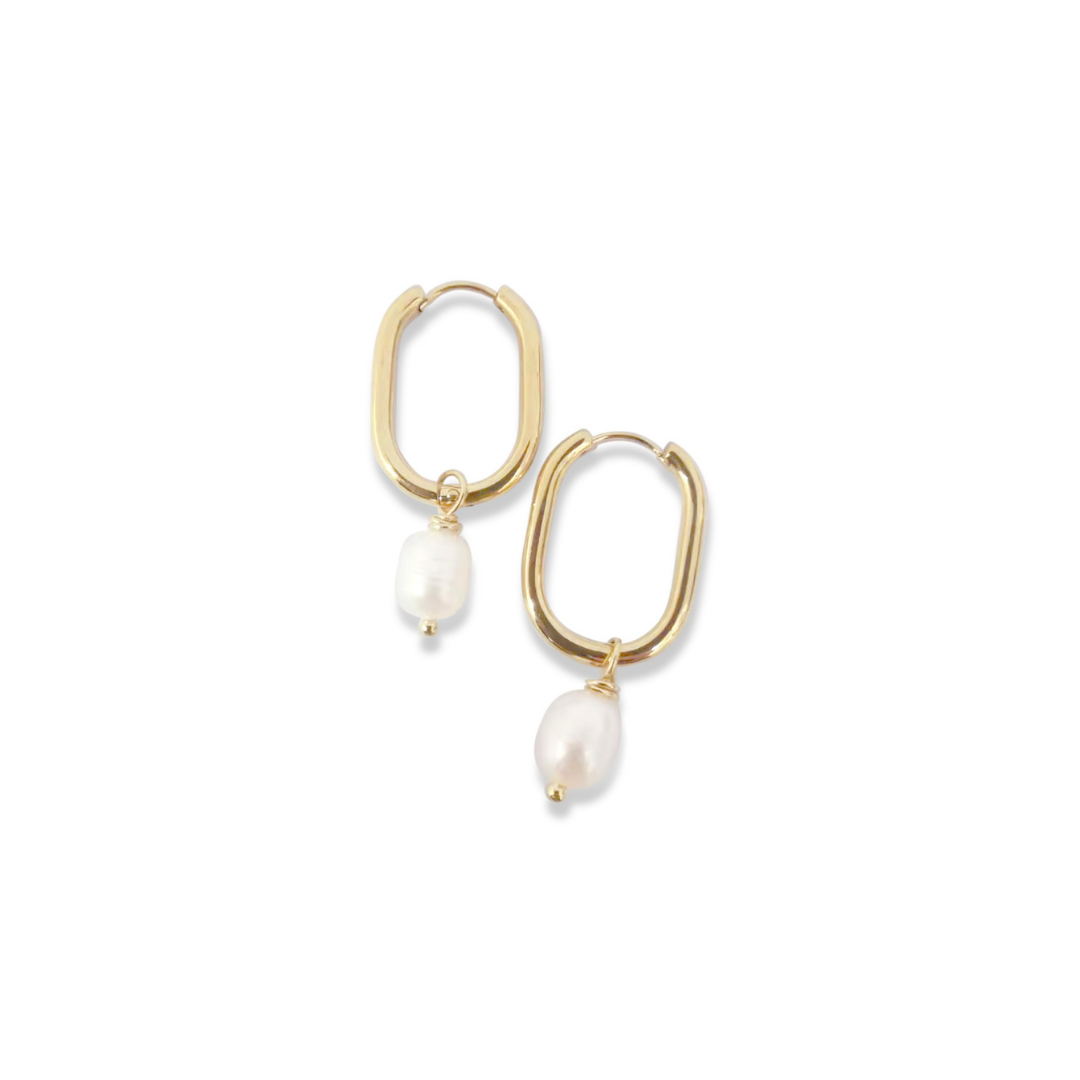 Steel Me Yellow Gold Huggies with F/W Pearl