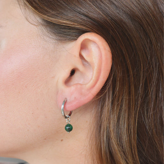 Steel Me Silver & Green Tiger's Eye Round Hoop Earrings