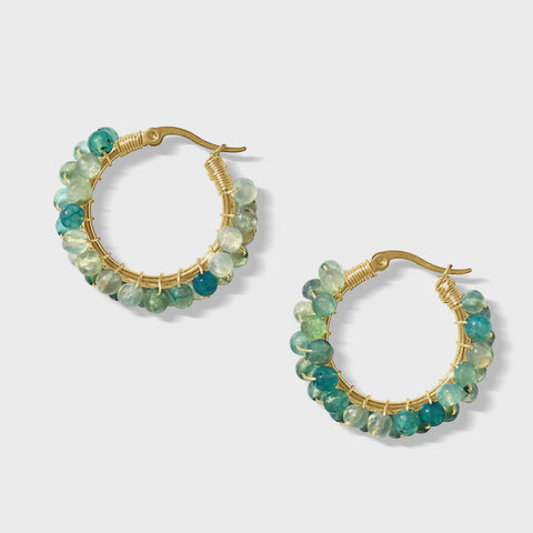 Steel Me Aqua Stone YG Hoop Earrings