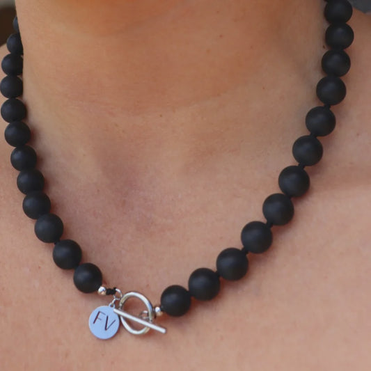 Black Matt Onyx - Silver Fob - Necklace