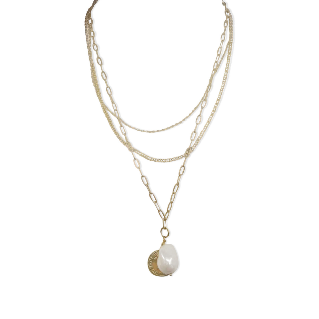 Steel Me Multi Chain Coin & Pearl Necklace